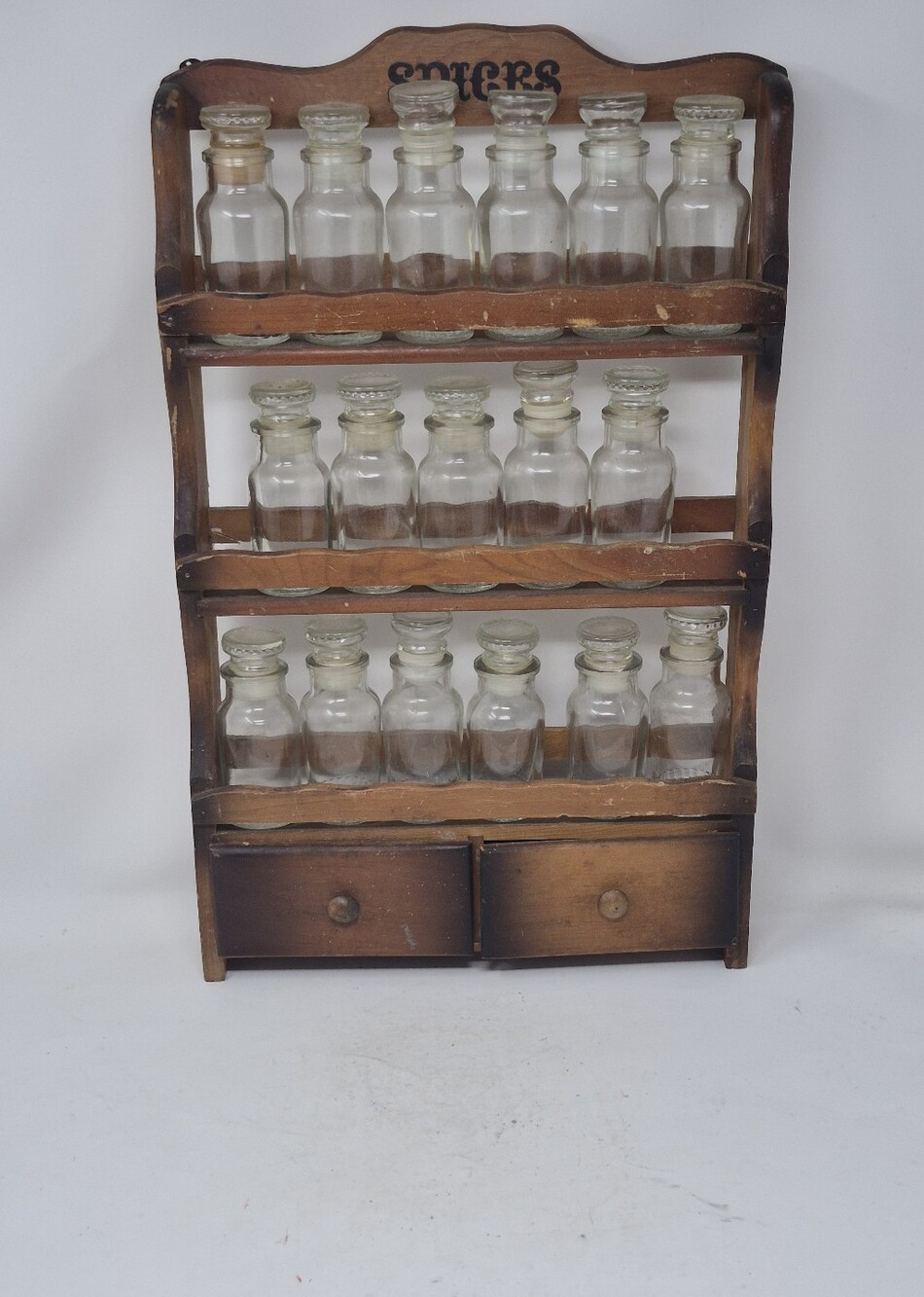 Vintage Wooden Three Tier Two Drawer Wall Hanging Spice Rack